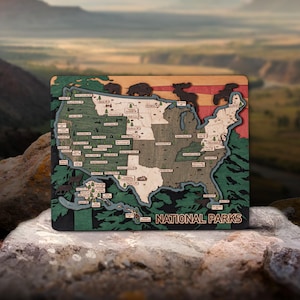 NATIONAL PARKS 3D wood map, 3D wall decor with pins, Wooden world map of top national parks