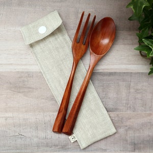 Wooden Cutlery Set, Zero Waste, Reusable Portable Travel Utensils, Eco Friendly Gift, Fork & Spoon with Handmade Linen Case, Linen Goods
