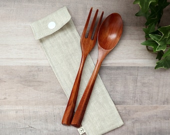 Wooden Cutlery Set, Zero Waste, Reusable Portable Travel Utensils, Eco Friendly Gift, Fork & Spoon with Handmade Linen Case, Linen Goods