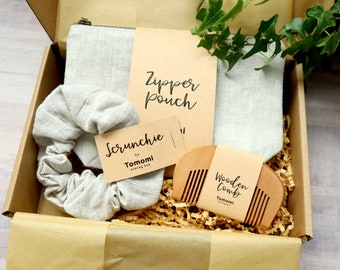 Geschenkset für Frauen, Brautjungfer Geschenke, Reise Geschenkbox, Geschenk für Chef, Leinenbeutel, Schminktasche, Scrunchie, Haarschmuck, Holzkamm,