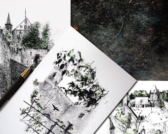Burg Mittelalter Karte * 9 exklusive Kunst- Karten * Illustrationen von Burg Abenberg * Feuertanzfestival * Postkarte Franken Grußkarte
