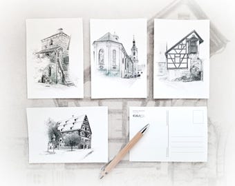 25 Kunst-Karten * Skizzen der mittelalterlichen Hopfen-Stadt Spalt * Grußkarten Postkarten * Minibilder Franken * sortiert