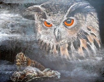 TOTEM Original Gemälde – direkt vom Künstler – Tierportrait mystische Stimmung – Acrylgemälde Uhu Eule Wald