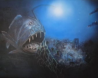Tiefsee Anglerfisch Original Gemälde – Angler & Fang – direkt vom Künstler – mystische Unterwasser-Stimmung – Statement Art Naturschutz
