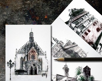 Nürnberg Illustration Karte 8 x * exklusive Kunstkarten zum Verschenken, Verschicken oder als Wandbild * historisch Kunstdruck Grußkarte
