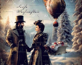 Steampunk Adventskalender Postkarte * Weihnachtskarte LE Limitierte Auflage * Weihnachtsgrüße Karte mit Türchen * Handarbeit * Künstlerkarte