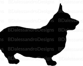 Op de afbeelding: Een zwart silhouet van een Corgi-hond in profiel. De hond wordt staand afgebeeld, met zijn korte poten en opstaande oren duidelijk zichtbaar. Dit is een eenvoudige, grafische weergave.