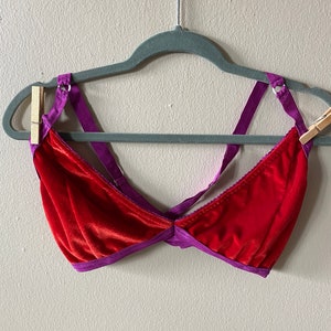 May include: A red velvet bralette with purple trim and straps, hanging on a gray hanger. The bralette is held in place with two wooden clothespins. The straps cross in the back.