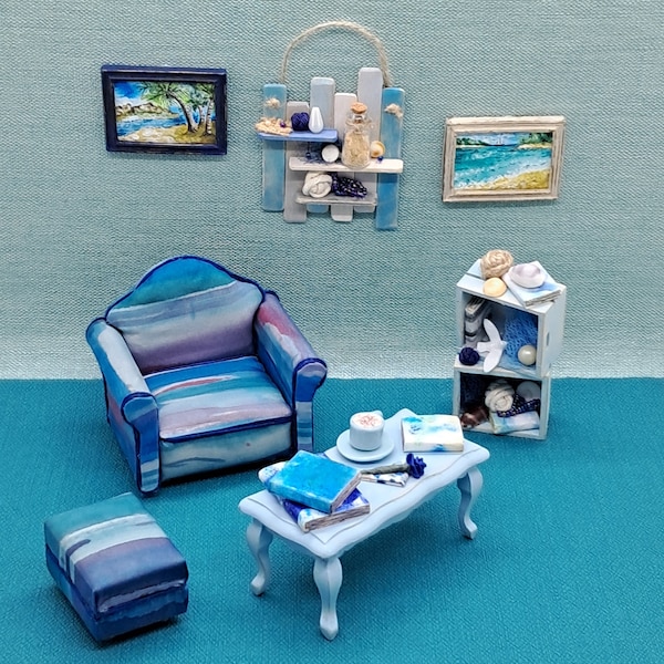 Dolls House Beach Furniture, Miniature Lounge, 1:12th Scale Coastal and Nautical Decor