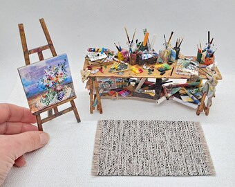 Dolls House Artists Station, Miniature Art Studio Table, 1:12th Scale Artist Easel, Painting, Canvas