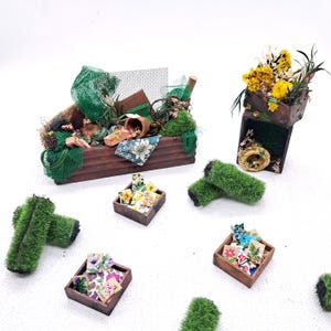 Accessori da giardino per case delle bambole, pacchetti di semi in miniatura, casse di legno e rotoli di torba