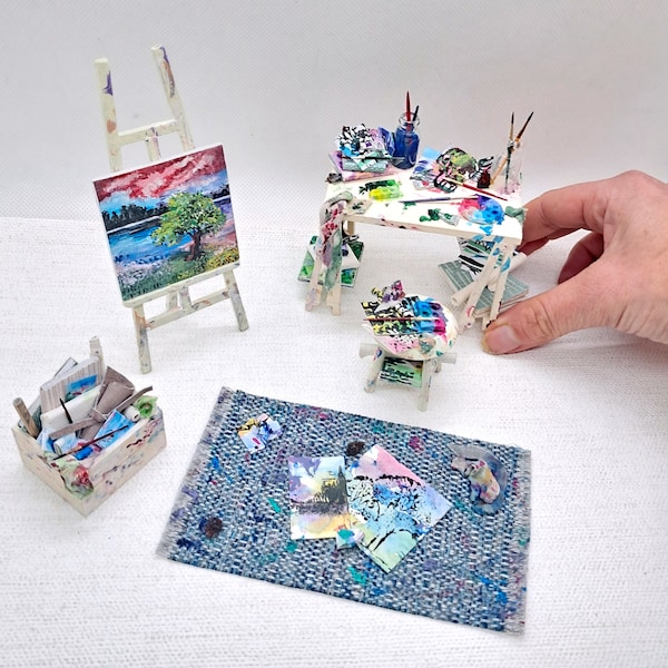 Dolls House Artists Studio, 1:12th Scale Modern Miniature Table, Stool,  Easel, Canvas, Palette