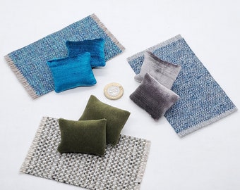 Dolls House Cushions and Rugs, 1:12th Scale Miniature Soft Furnishings, Blue Green Dollhouse Decor