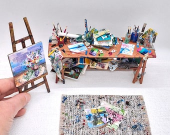 Dolls House Artists Station, Miniature Art Studio Table, 1:12th Scale Artist Easel, Painting, Canvas