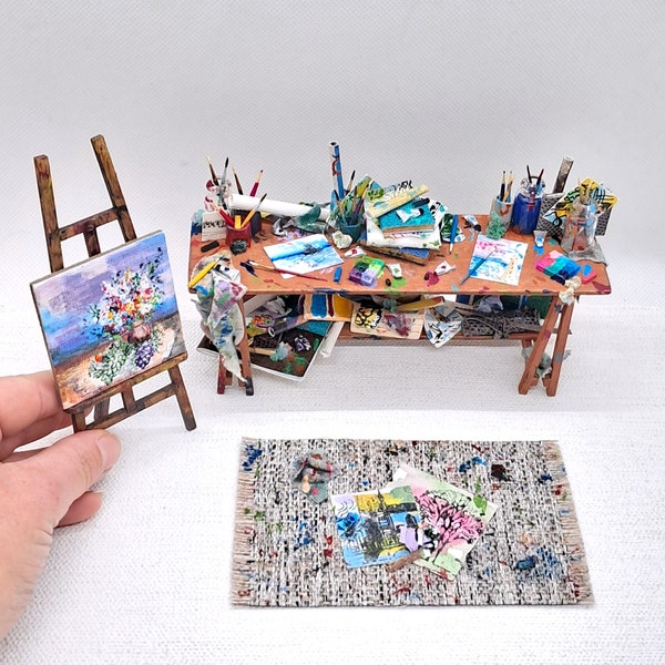 Dolls House Artists Station, Miniature Art Studio Table, 1:12th Scale Artist Easel, Painting, Canvas