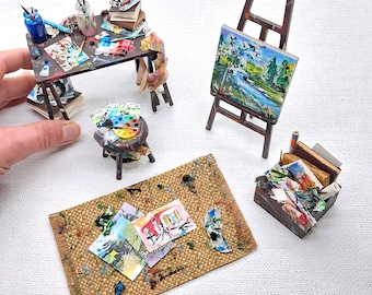 Dolls House Artists Table, Easel, Palette Canvas, 1:12th Scale Miniature Art Studio