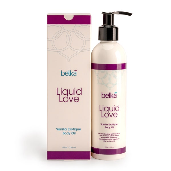 Belka Liquid Love Sensual Massage Oil for Couples, Moisturizing Coconut, Grape Seed, and Vitamin E, Vanilla Scented, 100% Vegan, (8 fl oz)