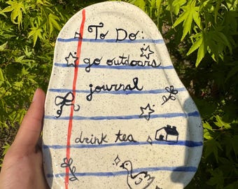 Handmade To Do List Notebook paper Doodle  Ceramic Ring Dish, Blue and White Pottery Trinket Dish, Doodles