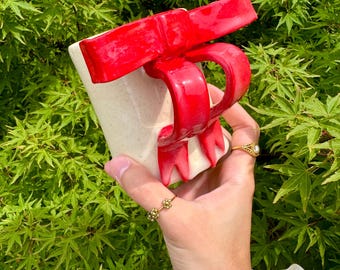 Cottagecore Red Bow Mug, Handmade ceramic, pottery, slow living -handmade cute mugs, ceramic speckled, mugs, Girly gift