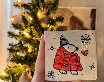 Snoopy Puffer Coat Ceramic Tile , Handmade Ceramics, Christmas Gifts, ceramic cup, pottery, gifts for her, stoneware tumbler