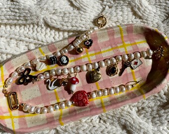 Handmade Pearl Charm Bracelet, Italian Ceramic Charms, Gold Plated Clasp