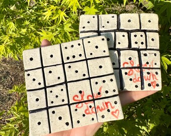 Handmade Dice Ceramic Coffee Coaster Set, Black and White Pottery Trinket Dish, Game Night, Coffee and Tea