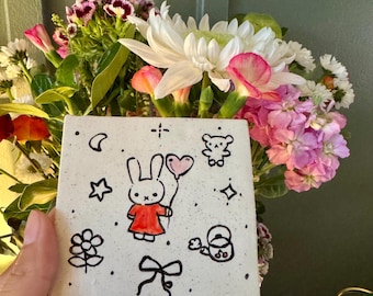 Miffy Bunny Doodle Ceramic Tile , Handmade Ceramics, Christmas Gifts, ceramic cup, pottery, gifts for her, stoneware tumbler