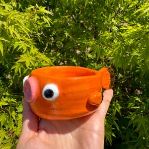 May include: A ceramic orange fish-shaped planter with large white and black eyes, pink lips, and a brown tail fin. The planter is held in a hand against a backdrop of green foliage. The fish planter is a decorative item.