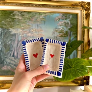 Striped and Hearts Cermaic ring Dish, Handmade, Trinket Dish, Blue Pottery, Trinket Dish, Paint palette,Ceramic Paint Palette