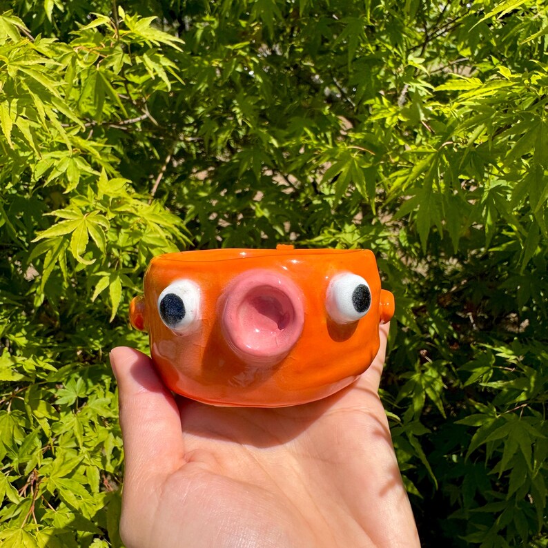 May include: An orange ceramic planter with a whimsical fish-like face. The planter has large, googly eyes with black pupils and a pink, open mouth. The planter is held in a hand against a backdrop of green foliage.