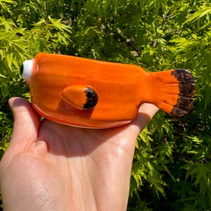 May include: A ceramic orange fish-shaped planter with a white and black eye, black accents, and a brown tail fin. The planter is held in a hand against a backdrop of green foliage.