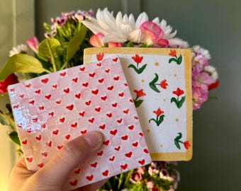 Valentines Flower and Heart Ceramic Tile , Handmade Ceramics,Home Gifts, ceramic cup, pottery, gifts for her, stoneware coaster, ceramic mug