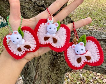 Handmade Felt Calico Critter Apple Charm, Backpack Keychain