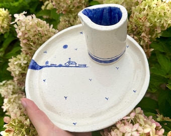 Cottagecore Country Dessert Plates and Pourer Set, Handmade ceramic, pottery, slow living -handmade plates-cute plates, ceramic speckled