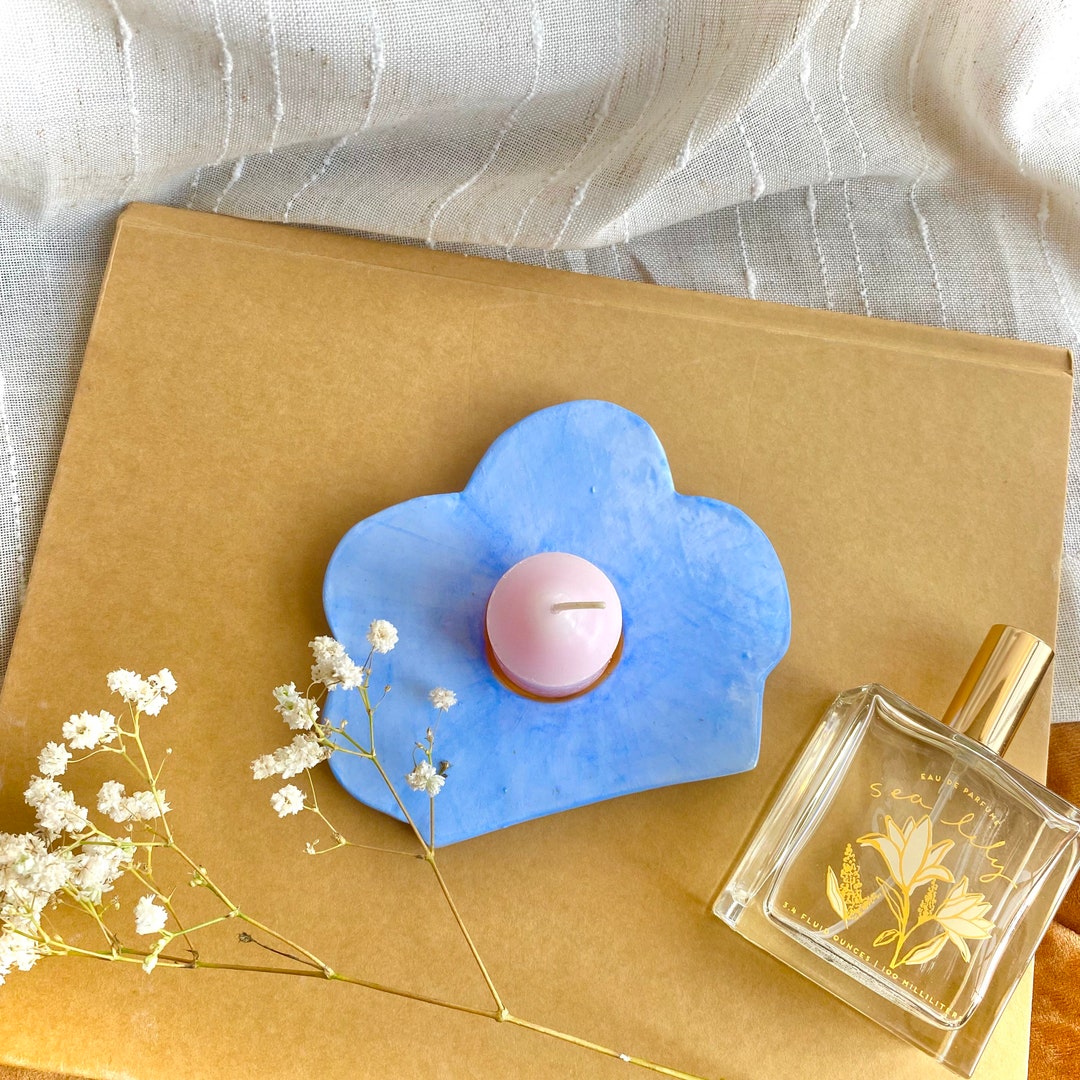 Handmade Daisy Tea Light Candle Holder, Blue Flower Ceramic Ring Dish ...