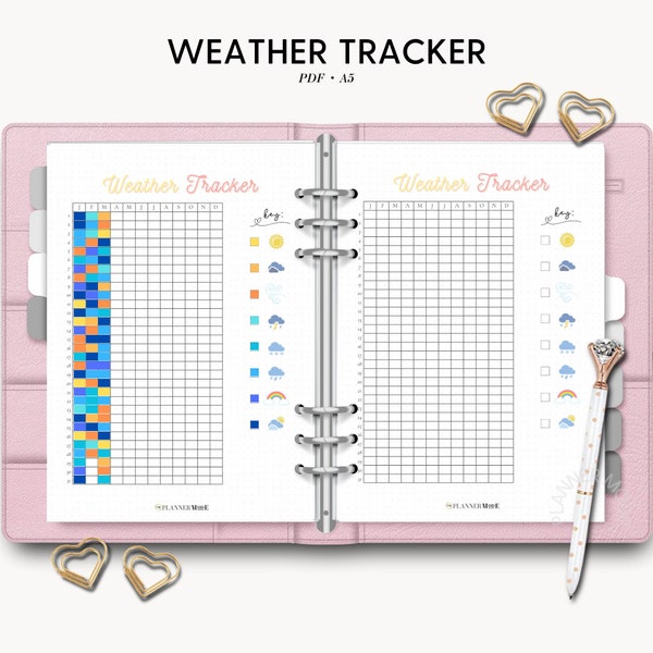 Weather Tracker, Weather Report Tracker, Weather Log, Yearly Temperature Tracker, Temp, A5 Dot Journal, Journal Page