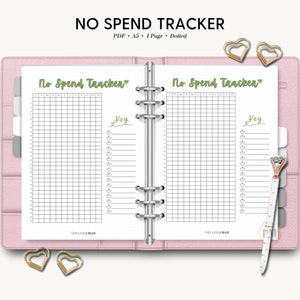 May include: A printable A5 size no spend tracker with dotted lines and a key for tracking expenses. The tracker has a green heart and the text "No Spend Tracker" at the top of each page.