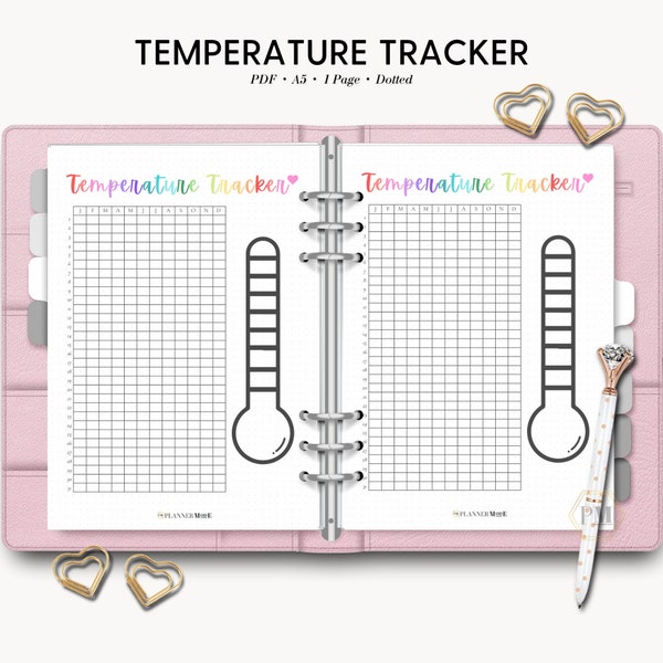 Suivi de la température, journal météo, suivi de la température annuelle, suivi de la fièvre, journal des maladies, agenda de santé, température, journal à points A5, page de journal