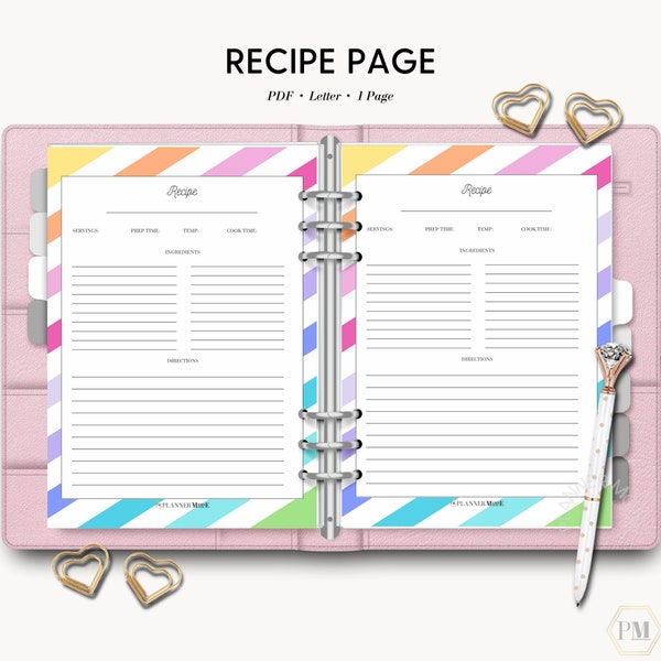 Printable Recipe Page, Recipe Card, Recipe Sheet, Family Cookbook, Recipe Page, Meal Planner, Recipe Book Template, Food Planner Journal