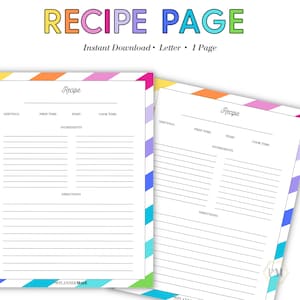 Recipe Template, Printable Recipe Card, Meal Recipe, Cookbook Recipe Template, Recipe Page, Recipe Book Page