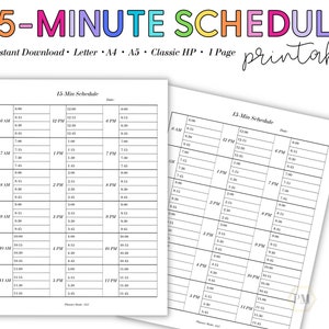 15 Minute Planner, Time Blocking, Daily Schedule, Time Intervals, Productivity Planner, Client Schedule, Patient Scheduler, Workday Schedule