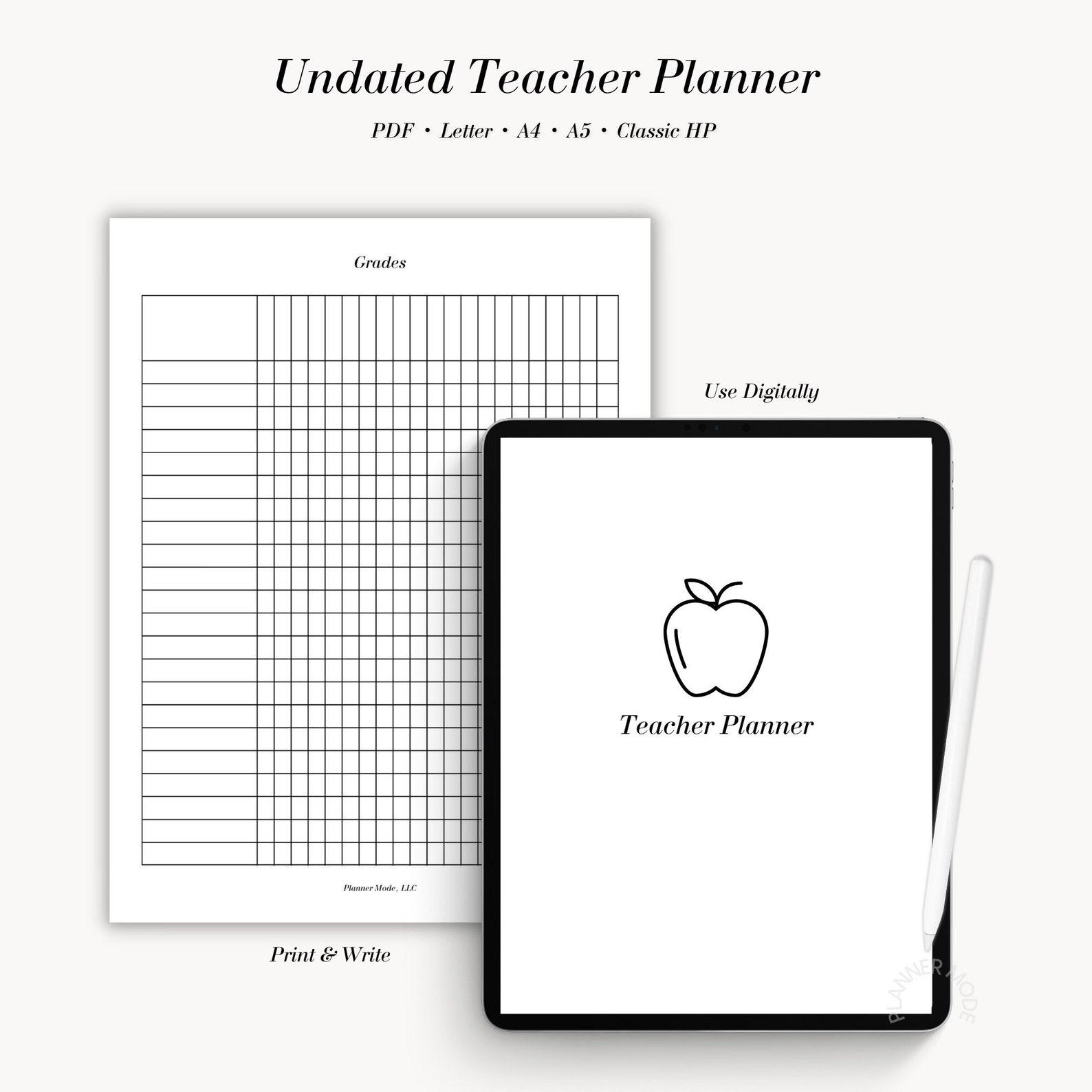 Teacher Planner, Teacher Gradebook, Undated Teacher Planner Printable