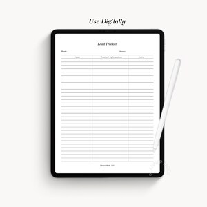 K&ouml;nnte beinhalten: Eine digitale Lead-Tracker-Vorlage mit Spalten f&uuml;r Monat, Name, Kontaktinformationen, Quelle und Notizen. Die Vorlage ist f&uuml;r die Verwendung auf einem Tablet oder Computer konzipiert.