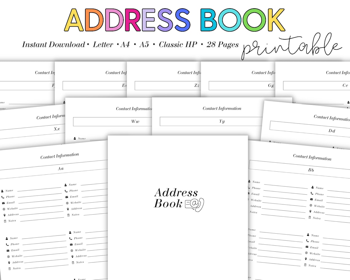 A-Z Contact List Printable: Address Book (letter, A4, A5, Classic HP ...