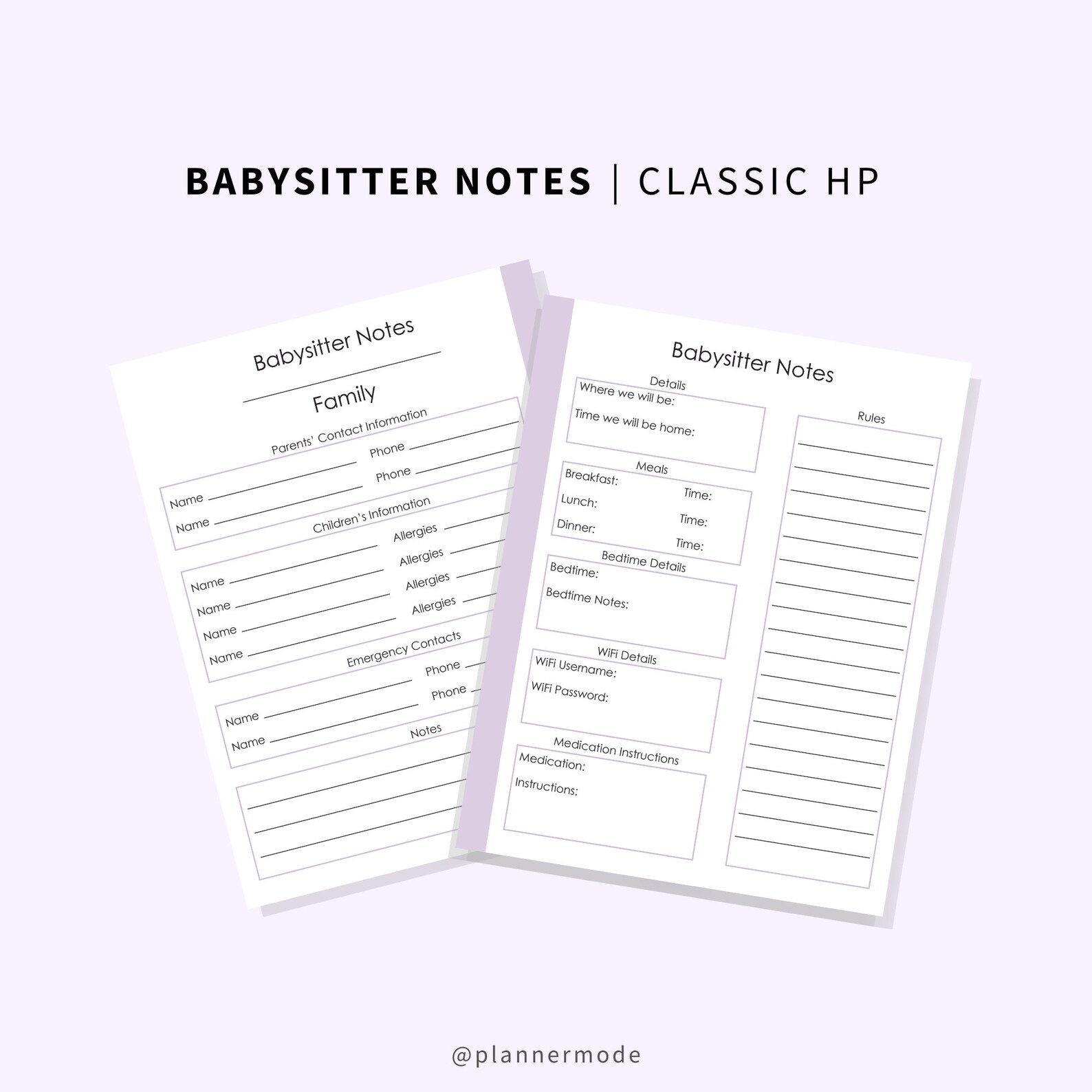 Babysitter Planner Babysitting Notes Babysitter Printable | Etsy