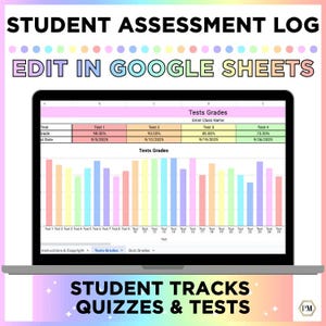 Könnte beinhalten: Ein Laptop-Bildschirm zeigt ein Schülerbeurteilungs-Protokoll mit dem Text "EDIT IN GOOGLE SHEETS". Die Tabelle zeigt Testergebnisse und ein farbenfrohes Balkendiagramm. Der Text "STUDENT TRACKS QUIZZES & TESTS" ist ebenfalls enthalten.