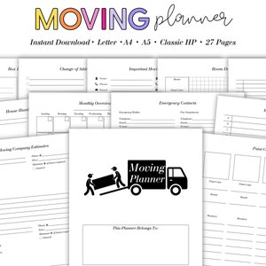 Könnte beinhalten: Ein schwarz-weißer druckbarer Umzugsplaner mit 27 Seiten. Der Planer enthält Abschnitte für wichtige Termine, Notfallkontakte, Umzugsunternehmen-Schätzungen und eine monatliche Übersicht. Das Cover zeigt eine Schwarzweißillustration eines Umzugswagens.