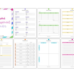May include: Printable home management binder with colorful striped cover and pages for budgeting, meal planning, health tracking, and more.