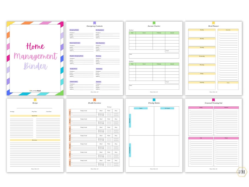 May include: Printable home management binder with colorful striped cover and pages for budgeting, meal planning, health tracking, and more.