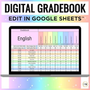 Könnte beinhalten: Ein Laptop-Bildschirm zeigt ein digitales Notenbuch mit der Aufschrift "DIGITAL GRADEBOOK EDIT IN GOOGLE SHEETS". Die Tabelle zeigt Schülernamen, Aufgabennoten und Klassendurchschnitte. Das Fach ist Englisch, mit Daten und Prozentsätzen.